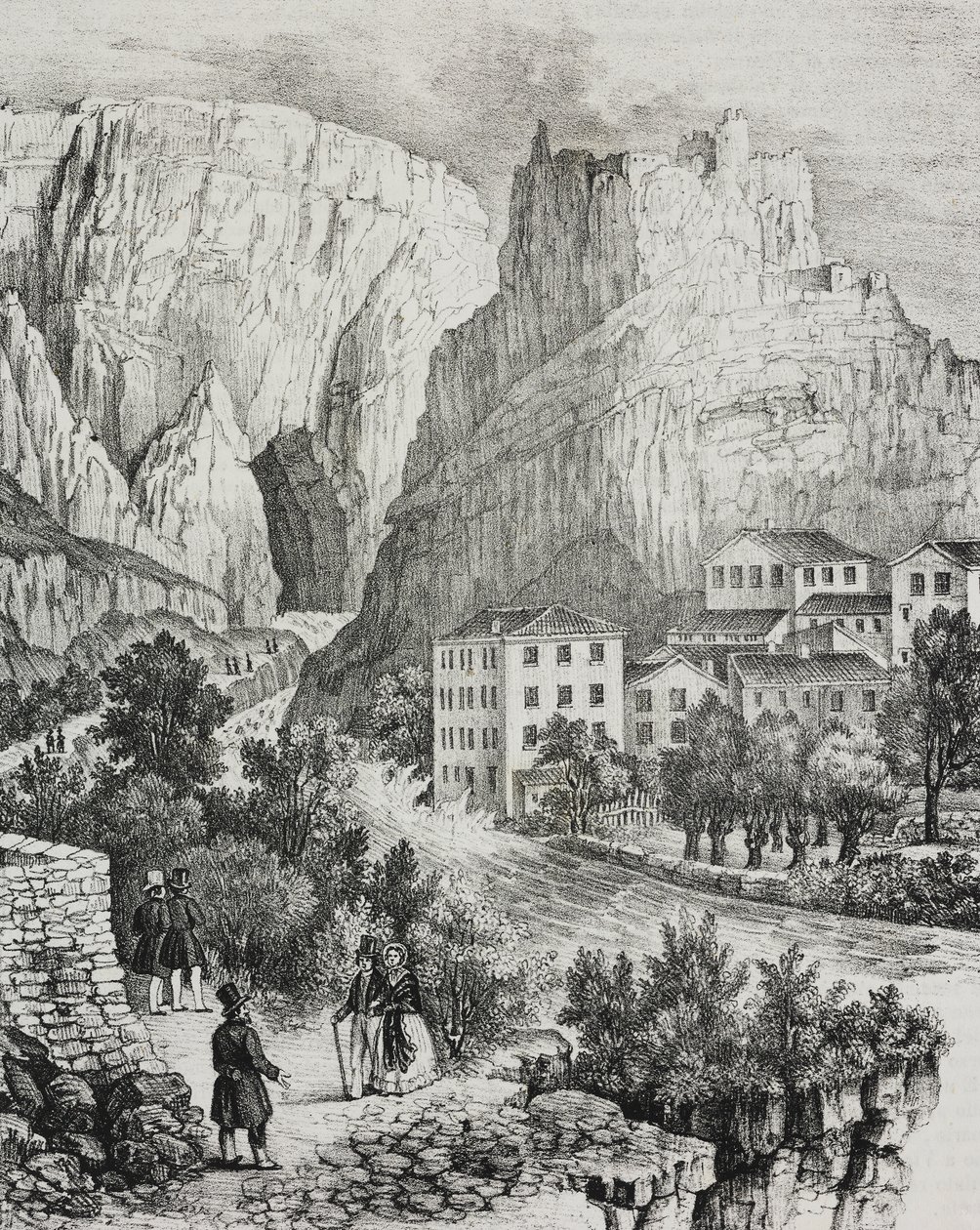 Fontaine-de-Vaucluse (Franciaország) látképe, Sardi litográfiája, Poliorama Pittoresco, 51. szám, július 30. alkotó: Salvatore Puglia