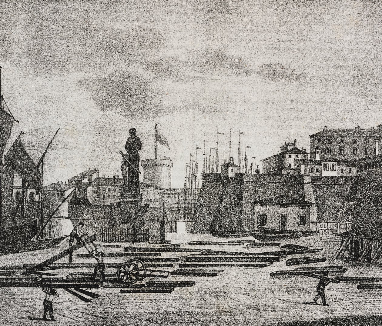 Kilátás a Livornói dokkról, Toszkána, Olaszország, Salvatore Puglia litográfiája, Poliorama Pittoresco, n. 38, április 26. alkotó: Salvatore Puglia