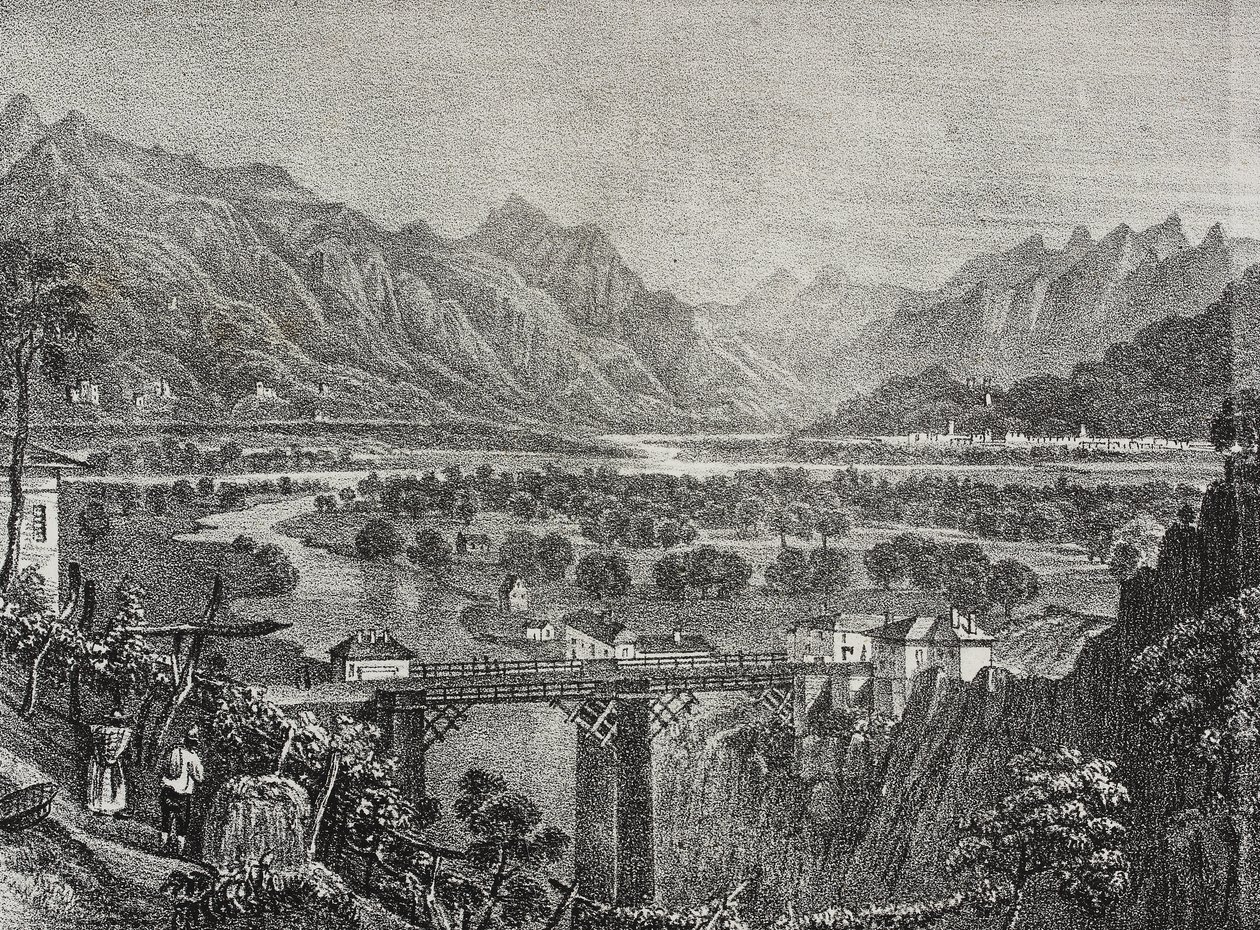 Kilátás az Ossola-völgyre Sempionéből, Piemont, Olaszország, Salvatore Puglia litográfiája a Poliorama Pittorescoból, n. 28, február 18. alkotó: Salvatore Puglia