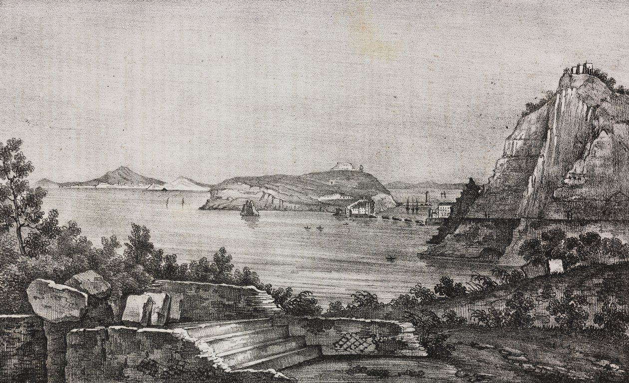 Posillipo kilátása a monsignor Di Pietro teraszáról, Campania, Olaszország, Salvatore Puglia litográfiája a Poliorama Pittoresco-ból, n 32, március 16. alkotó: Salvatore Puglia