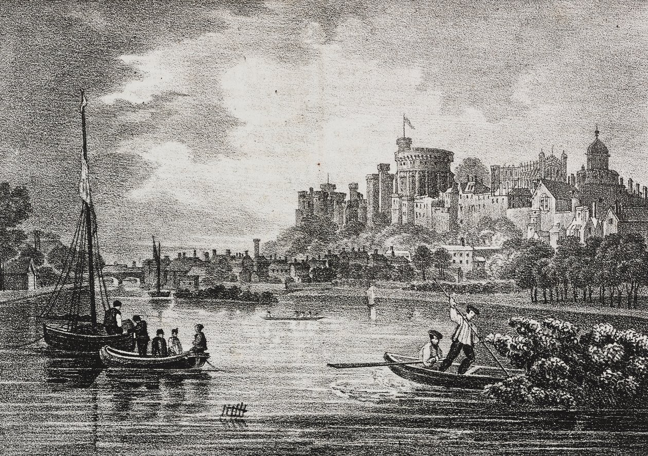 Kilátás a Windsori kastélyra, Anglia, Egyesült Királyság, Salvatore Puglia litográfiája a Poliorama Pittorescoból, n. 32, március 15. alkotó: Salvatore Puglia