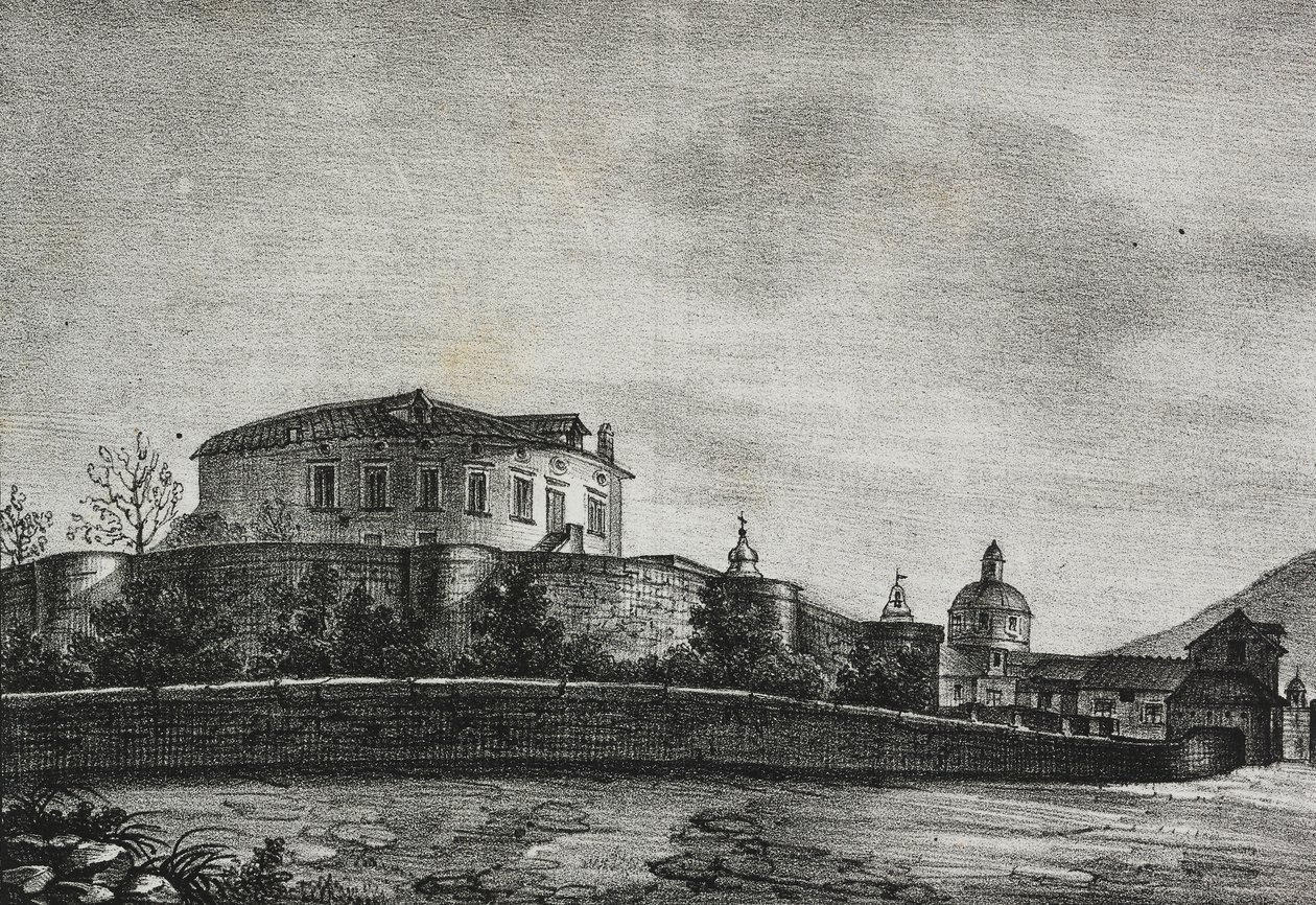 Acerra várának kilátása, Campania, Olaszország, Salvatore Puglia litográfiája a Poliorama Pittorescoból, március 5. 30. alkotó: Salvatore Puglia