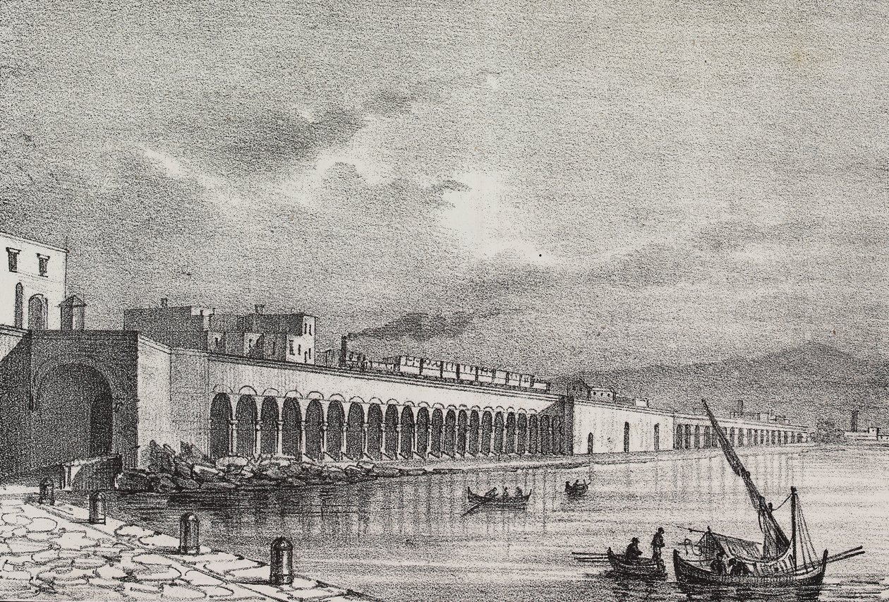 Kilátás a vasútra Torre Annunziatában, Campania, Olaszország, Gaetano Riccio litográfiája a Poliorama Pittorescoból, december 31. n. 21. alkotó: Salvatore Puglia