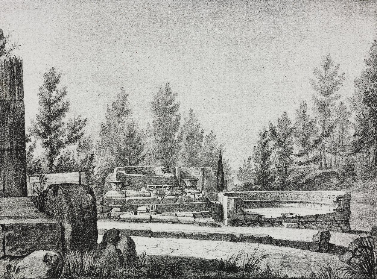 Pompeii romjainak kilátása, Campania, Olaszország, Salvatore Puglia litográfiája a Poliorama Pittorescoból, 7. sz., szeptember 25. alkotó: Salvatore Puglia