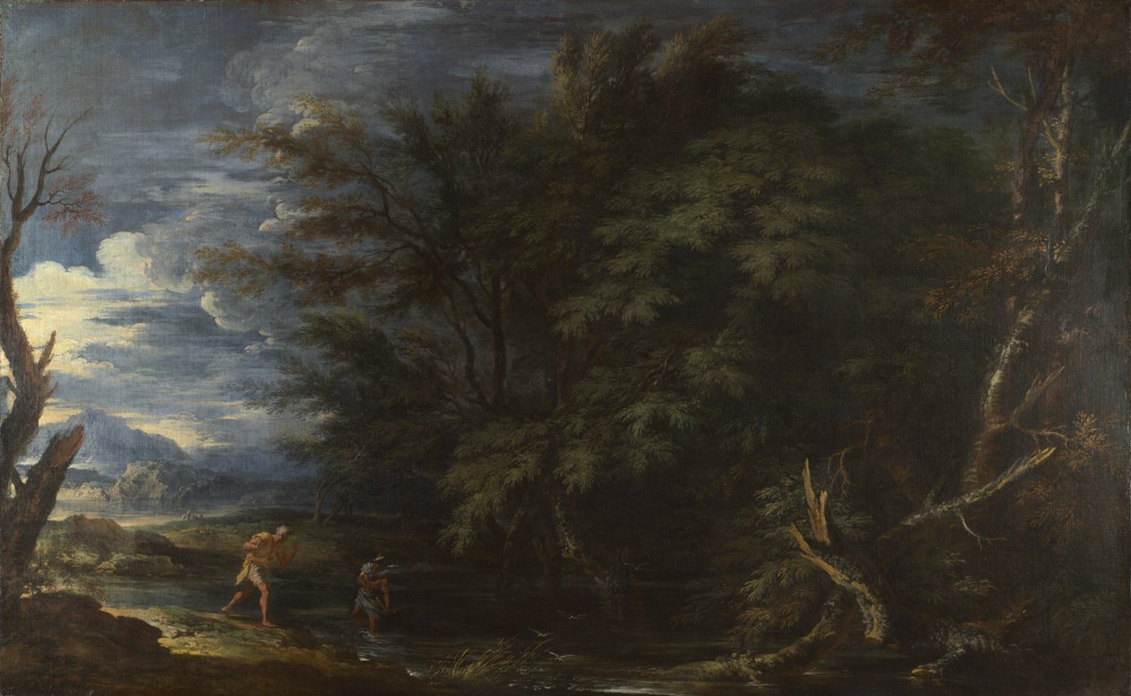 Táj Merkúrral és a becstelen favágóval, 1663 körül. alkotó: Salvatore Rosa