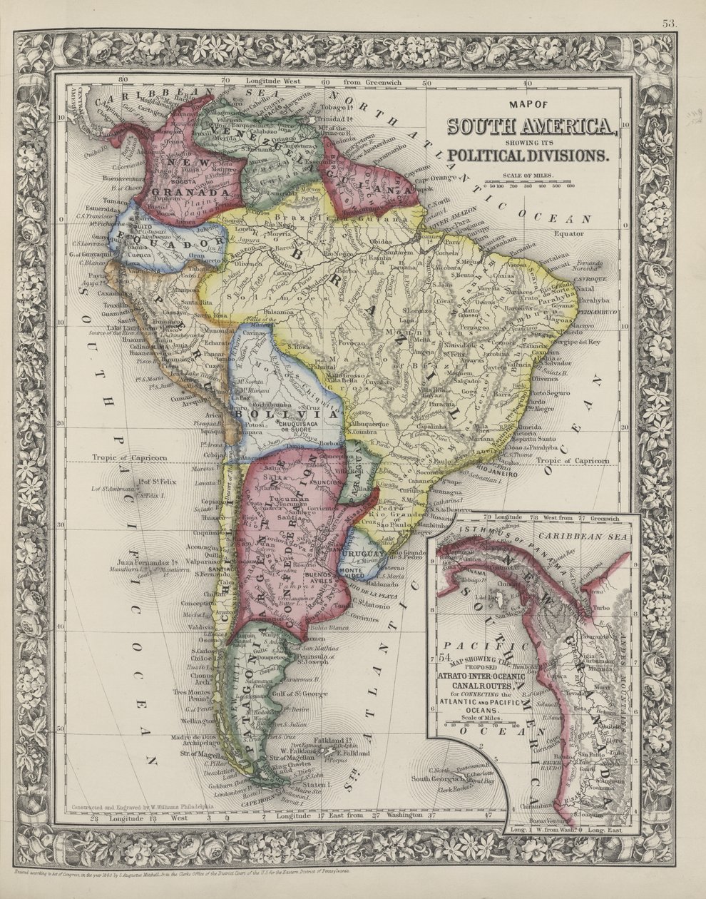 Dél-Amerika térképe, amely a politikai megosztottságokat mutatja Mitchell új, 1863-as általános atlaszából alkotó: Samuel Augustus Mitchell