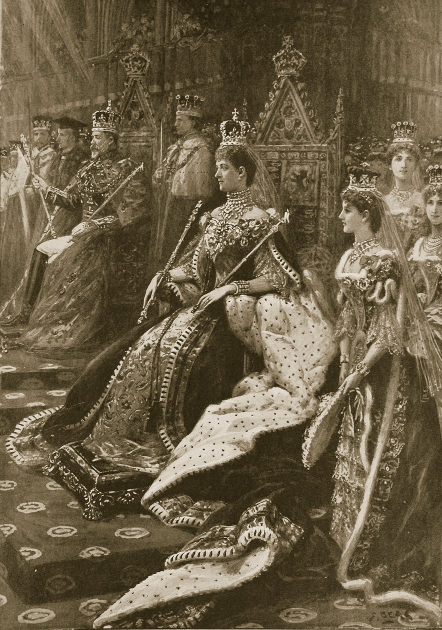 Az 1902-es koronázási ceremónia: Alexandra, királynő hitvese pozíciója trónra lépésekor, a „The Illustrated London News”-ból, 1902 alkotó: Samuel Begg