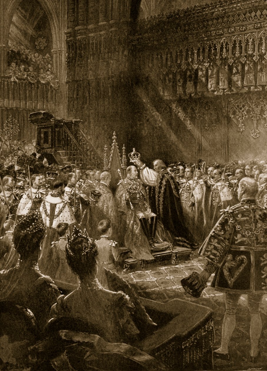 Az 1902-es koronázási ceremónia: VII. Edward király helyzete a koronázási aktus során, a „The Illustrated London News”-ból, 1902 alkotó: Samuel Begg