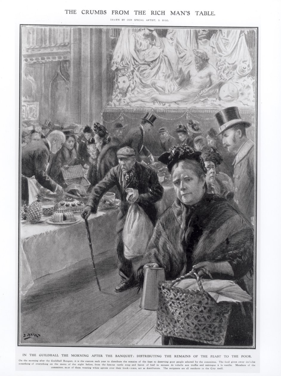 Morzsa a gazdagok asztaláról: A lakoma maradványainak szétosztása a szegényeknek a céhteremben a bankett utáni reggelen, 1908 alkotó: Samuel Begg