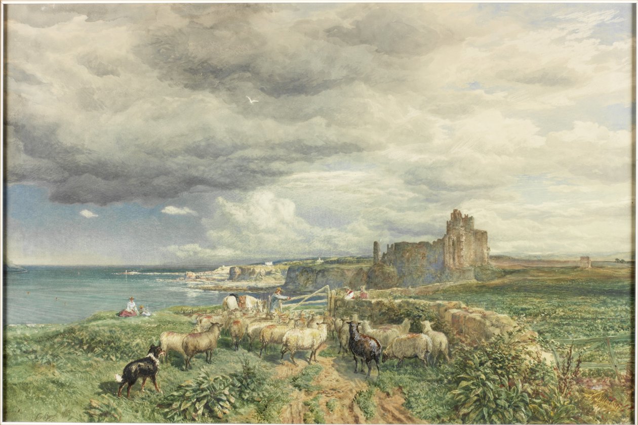 Tengerpart várral, juhokkal és pásztorral (akvarell és kikarcolva papírra) alkotó: Samuel Bough