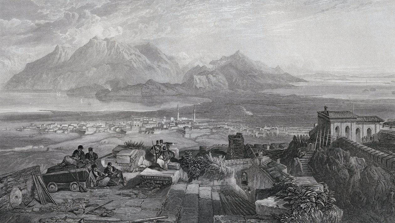 Korinthosz városa és földszorosa az Akropoliszról nézve, W. Miller metszete, a „The Imperial Bible Dictionary” című könyvből, a Blackie und Son kiadásában, 1880-as évek alkotó: Samuel Bough