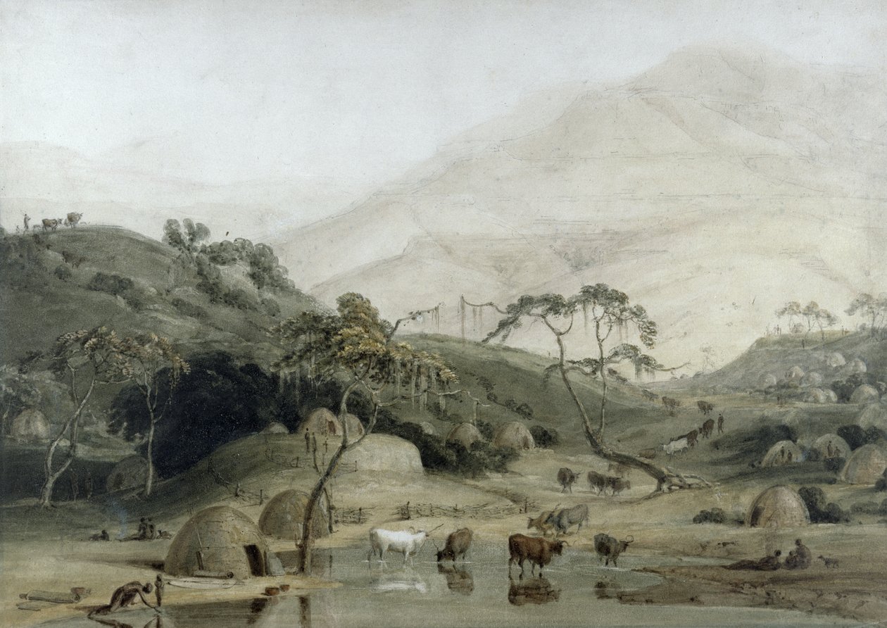 Egy kaffir falu, 1801 körül (wc és grafit papíron) alkotó: Samuel Daniell