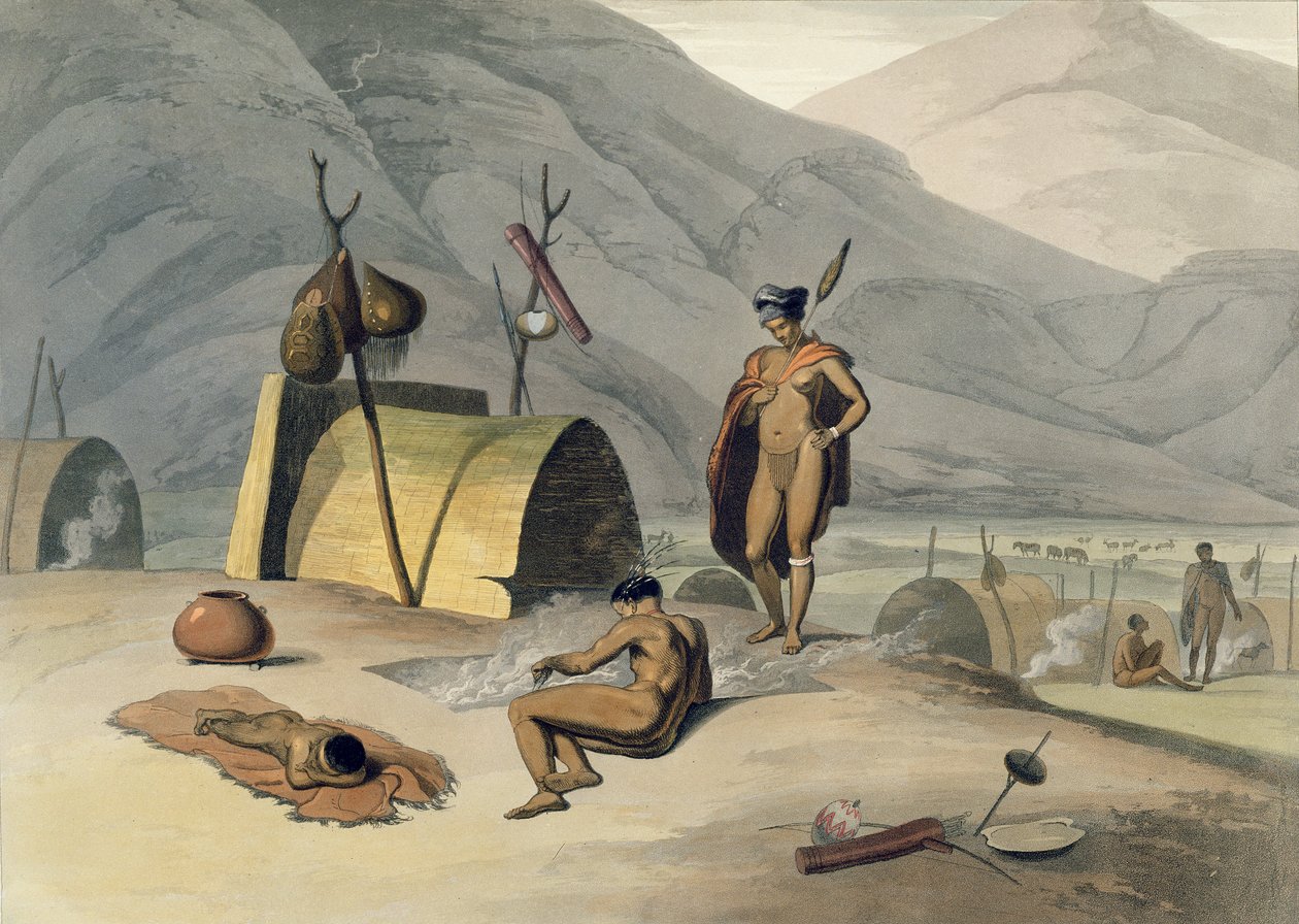 Bosjemans sáskákat sütögető, 26-os tábla az „Afrikai tájak és állatok” című könyvből, a művész metszetével, 1805 (akvatinta) alkotó: Samuel Daniell