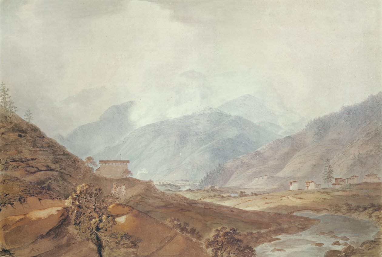 Hegyi jelenet Thimphu közelében, Bhután, 1783, alkotó: Samuel Davis