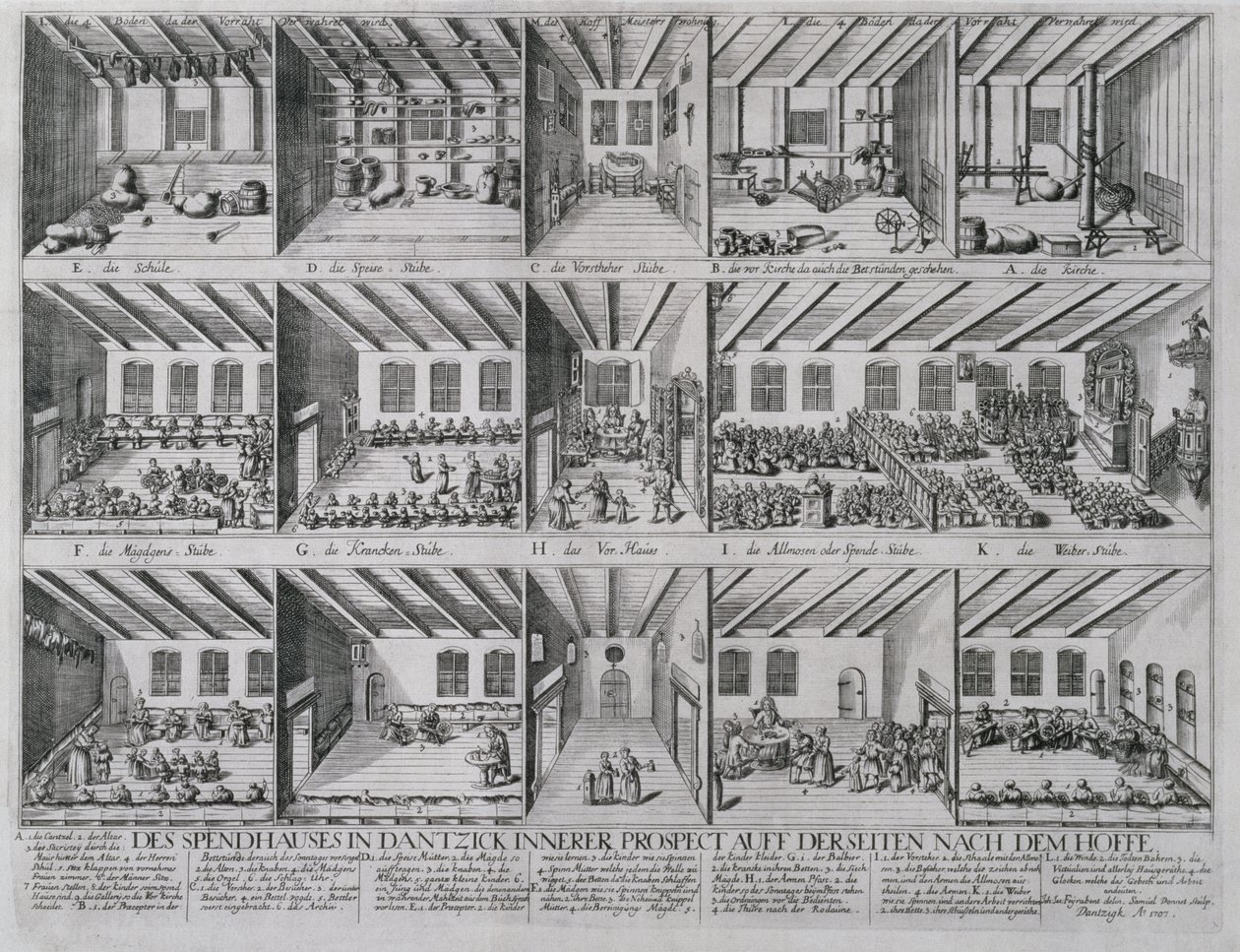 Gyermekek és idősek menhelye, 1707 (rézmetszet itatópapíron) alkotó: Samuel Donnet