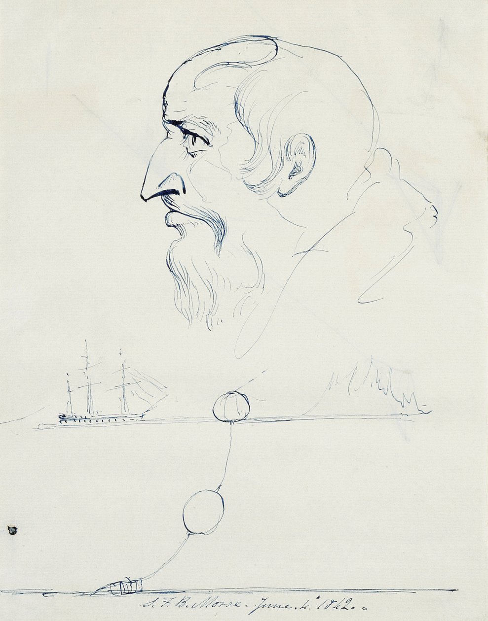 Egy szakállas férfi profilja és az Atlanti-kábel tervezése, 1842 (toll és kék tinta krémszínű papíron) alkotó: Samuel Finley Breese Morse