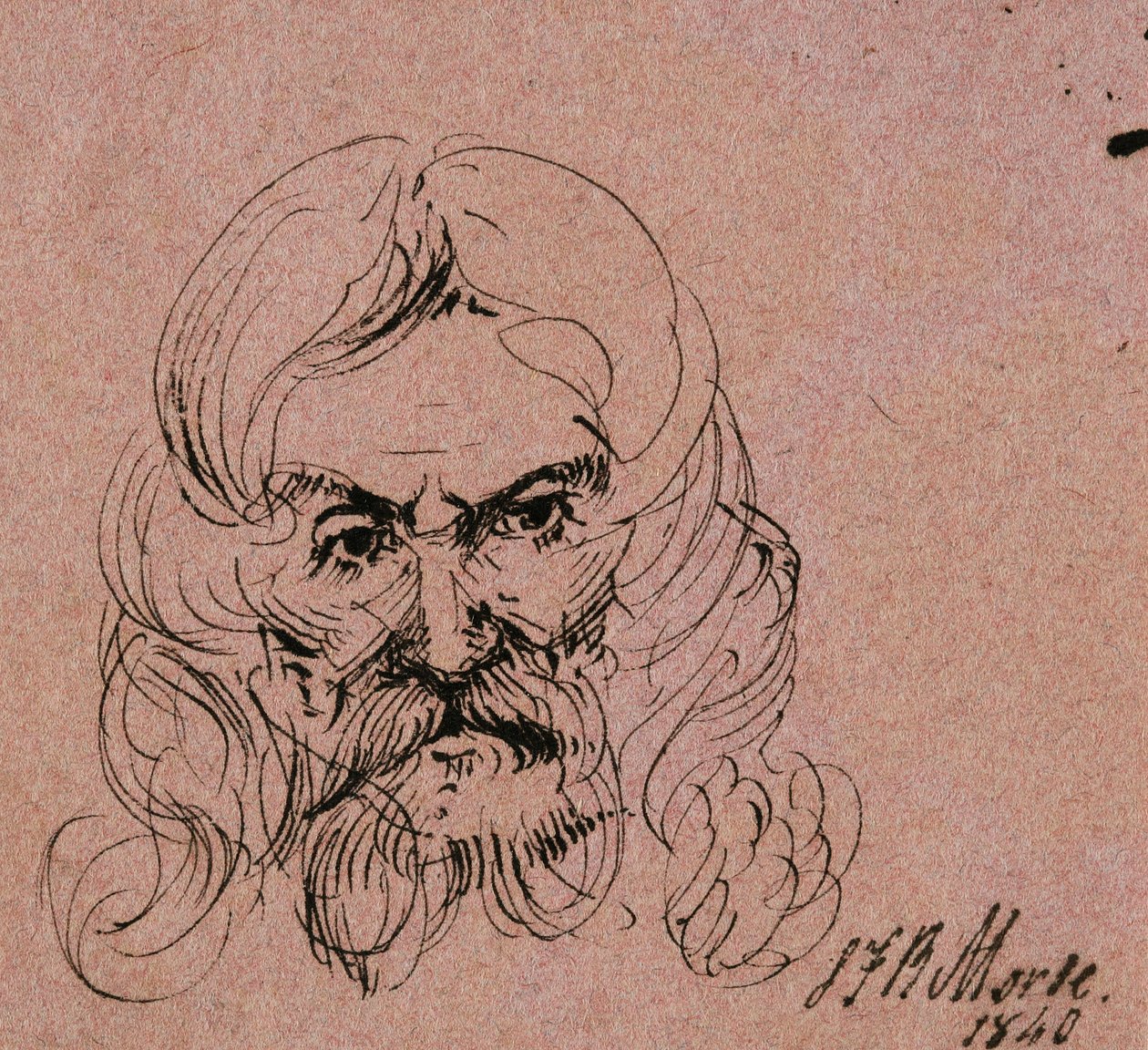 Vázlat egy szakállas, hosszú hajú férfi fejéről, 1840 (toll és fekete tinta rózsaszín szőtt papíron) alkotó: Samuel Finley Breese Morse