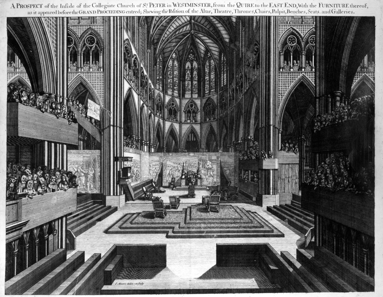 A westminsteri Szent Péter kollégiumi templom (Westminster Abbey) belső kilátása II. Jakab koronázása előtt (1633-1701) 1688 alkotó: Samuel Moore