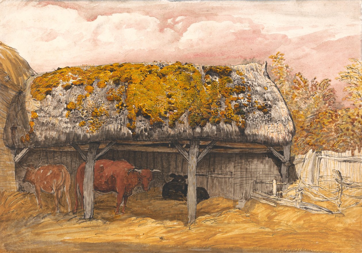 Egy tehénház mohás tetővel alkotó: Samuel Palmer