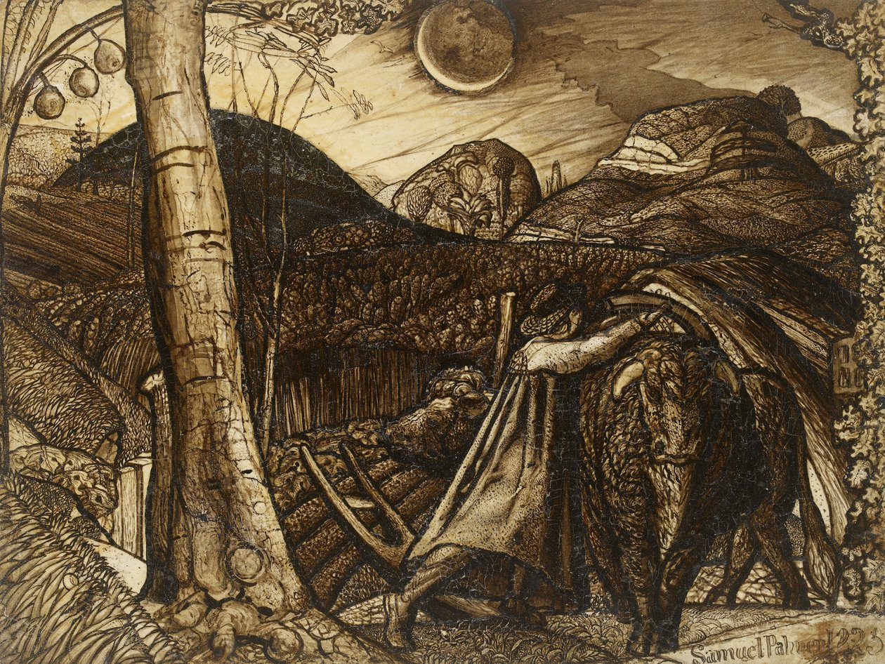 Vidéki táj, 1823 (toll és ecset, szepia) alkotó: Samuel Palmer
