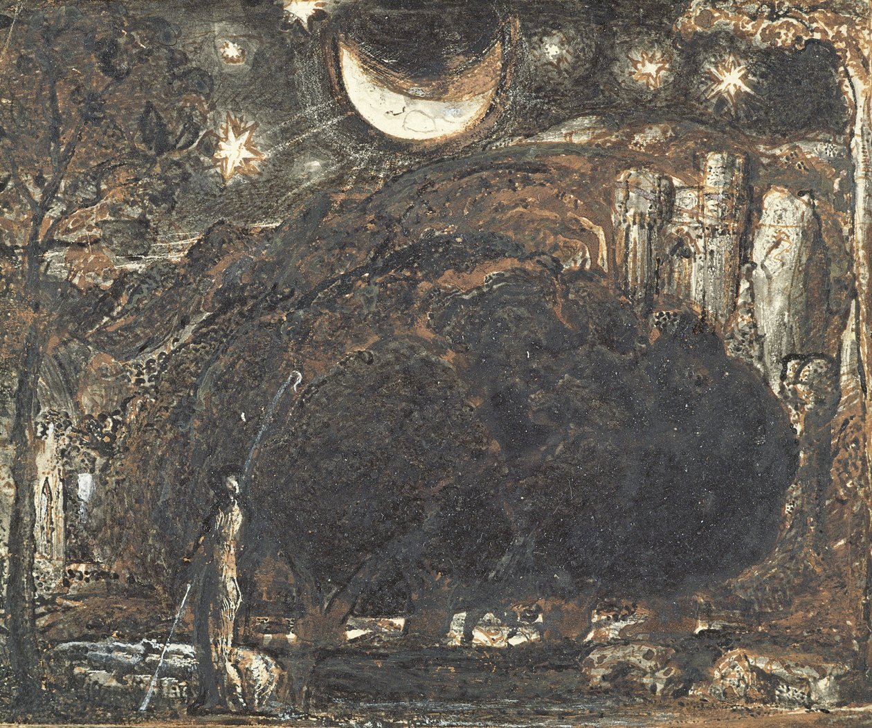 Pásztor és nyája a Hold és a csillagok alatt, 1827 körül (toll és tinta mosás papíron) alkotó: Samuel Palmer