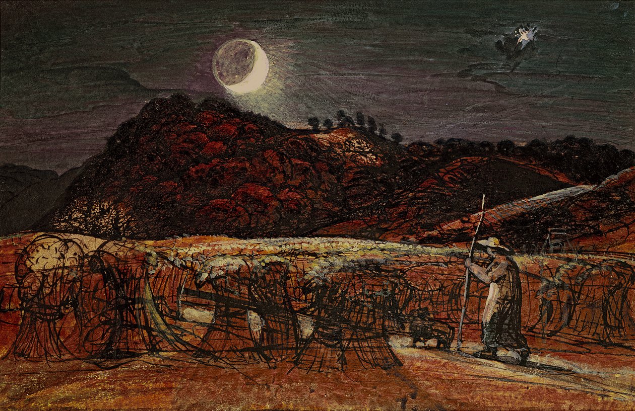 Kukoricatábla a Holdfénytől, az Estcsillaggal, 1830 körül (wc és testszín tollal és tintával) alkotó: Samuel Palmer