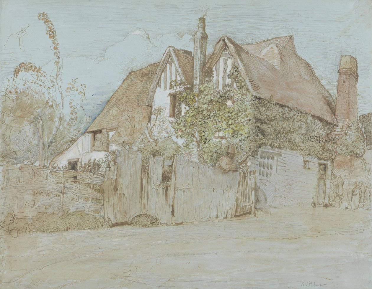 Ivy Cottage, Shoreham (wc, gouache tollal és tintával papíron) alkotó: Samuel Palmer