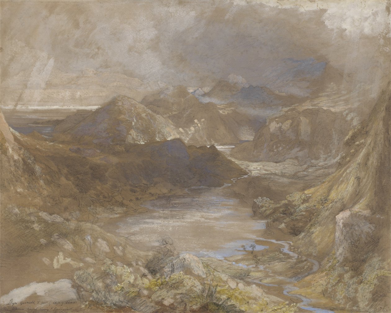 Llwyngwynedd és Llyn-y-ddina egy része Capel Curig és Beddegelert között, Észak-Wales, 1835-36 (wc, gouache és grafit papíron) alkotó: Samuel Palmer