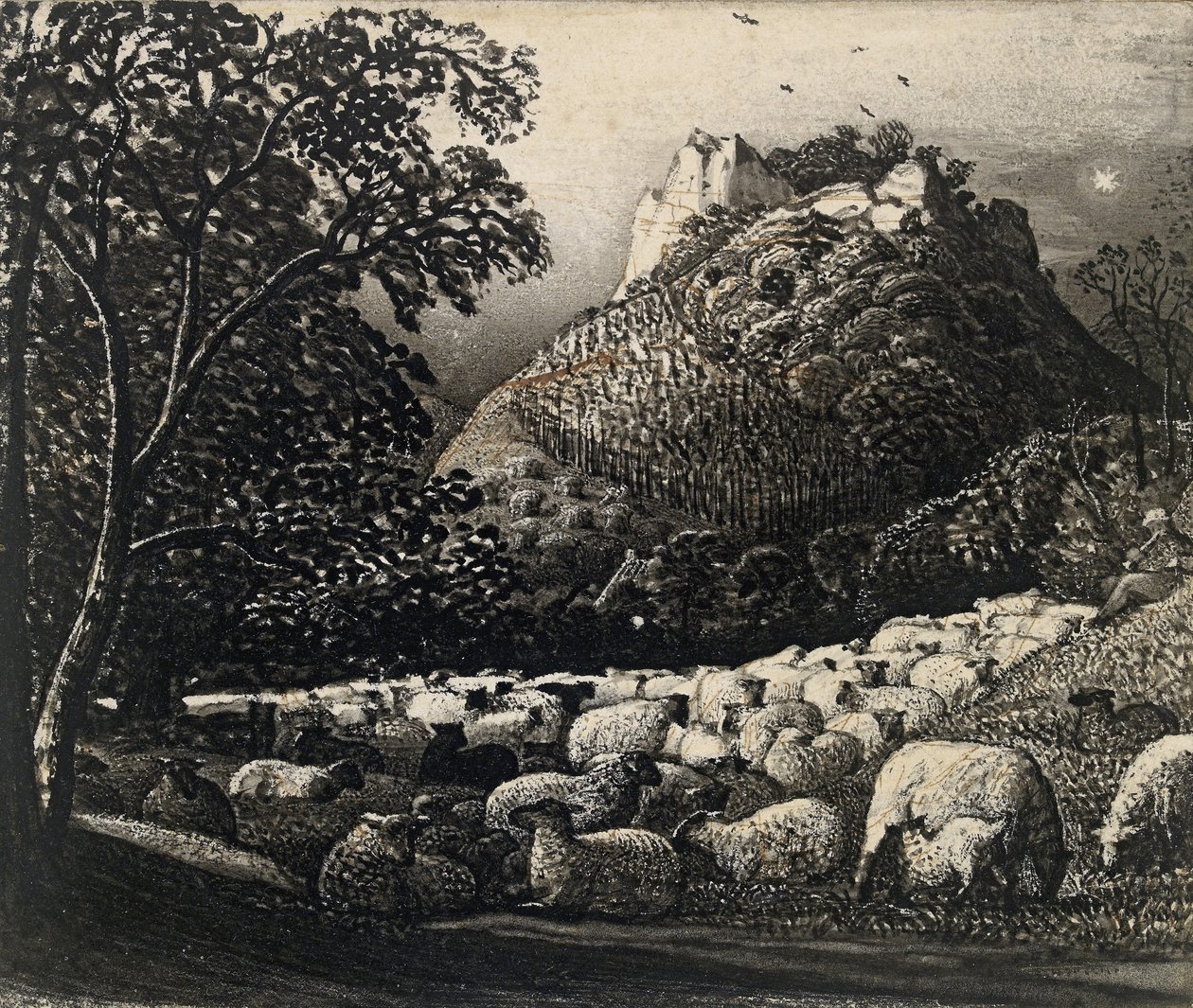 A nyáj és a csillag (toll és ecset tintával ceruzára és tintára) alkotó: Samuel Palmer