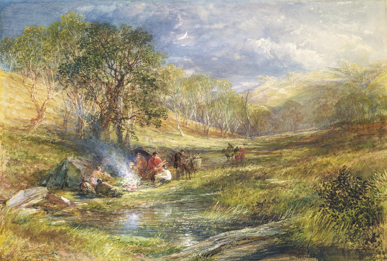 The Gypsy Dell - Moonlight (wc és testszín arany árnyalatokkal a papíron) alkotó: Samuel Palmer