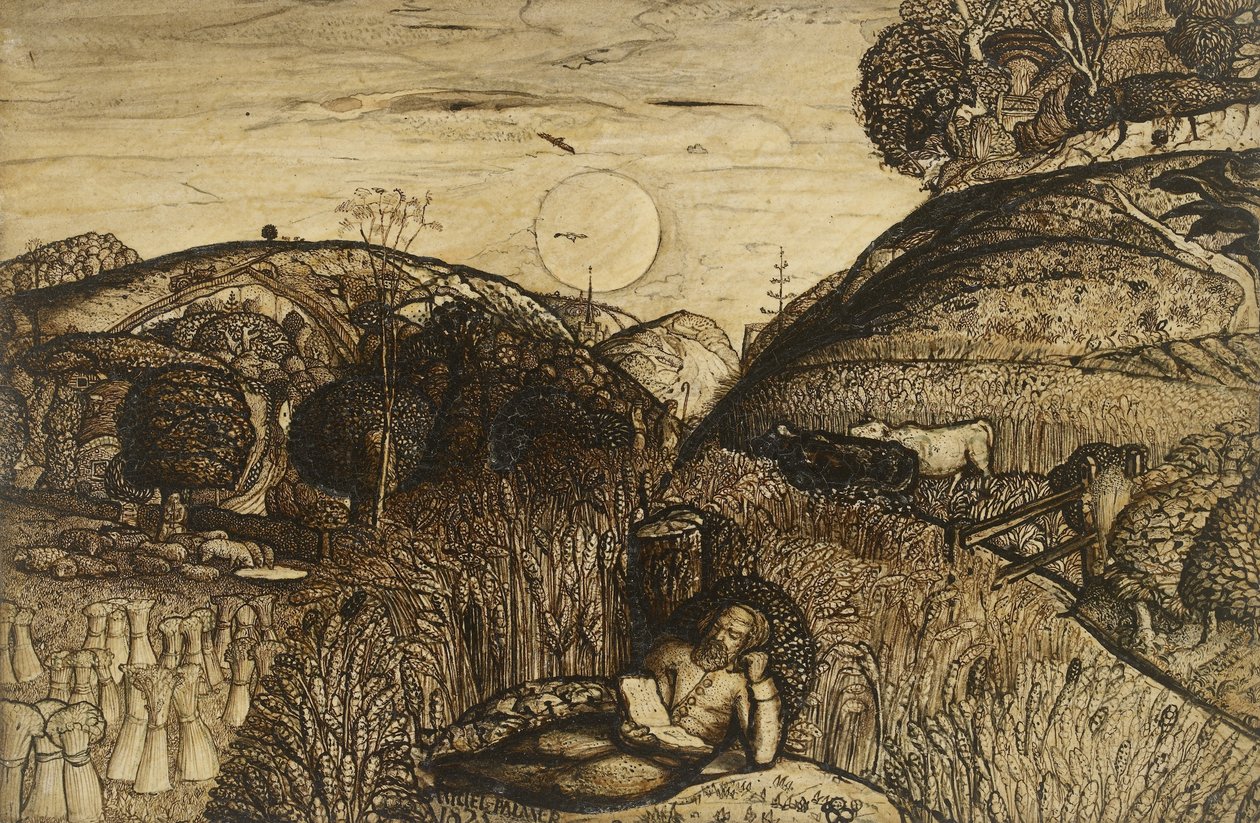 A kukoricával sűrűn benőtt völgy, 1825 (toll és sötétbarna tinta, ecsettel, gumi-arábikummal kevert szepiával; lakkozva) alkotó: Samuel Palmer