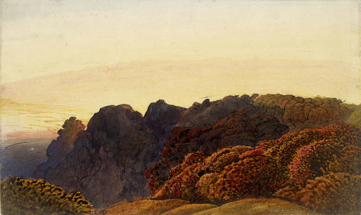 Yellow Twilight, 1830 körül (toll és indiai tinta és mosás, akvarellel és testfestékkel és gumiarábikummal, törtfehér papíron) alkotó: Samuel Palmer