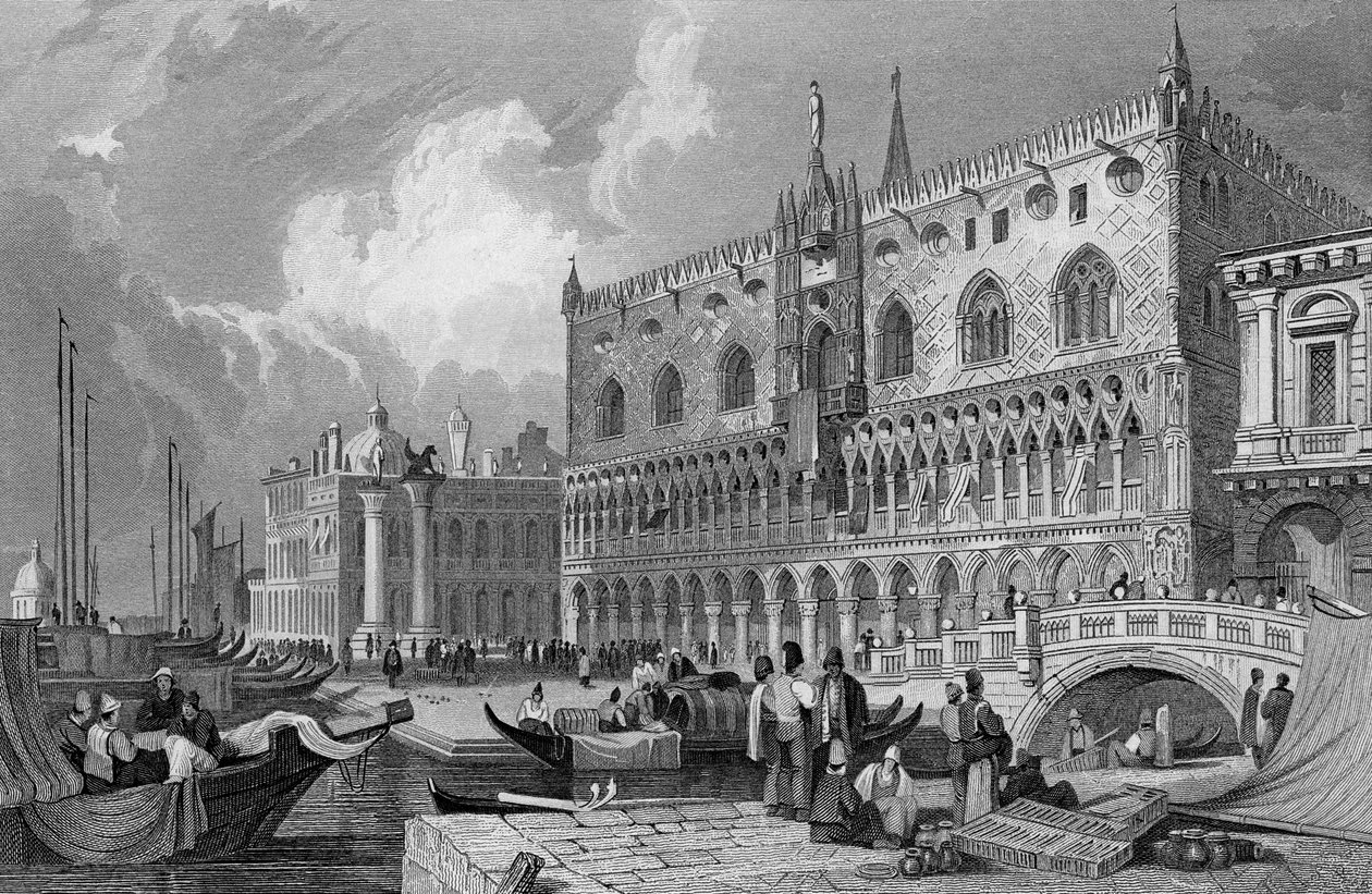 A Canal Grande és a Dózse-palota, Velence, metszet: Charles Westwood, 1844. alkotó: Samuel Prout