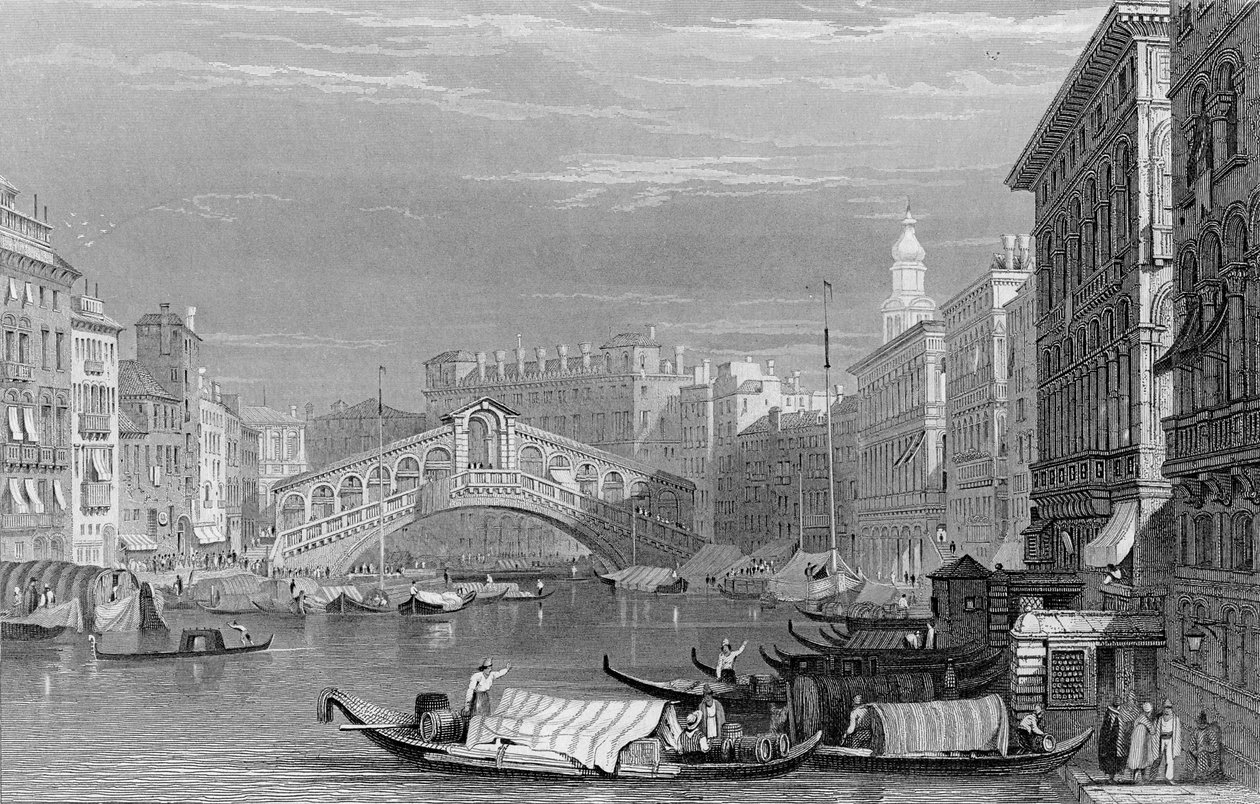 A velencei Rialto-híd, Edward Finden metszete, 1830 körül alkotó: Samuel Prout