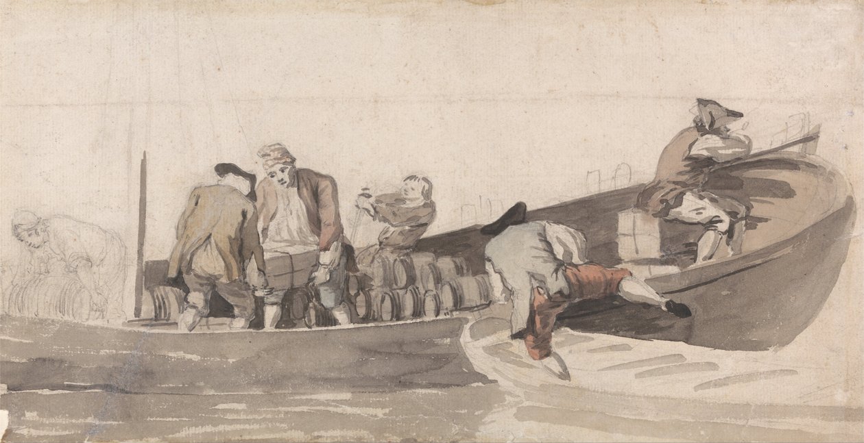 Férfiak csónakot töltenek hordóval alkotó: Samuel Scott