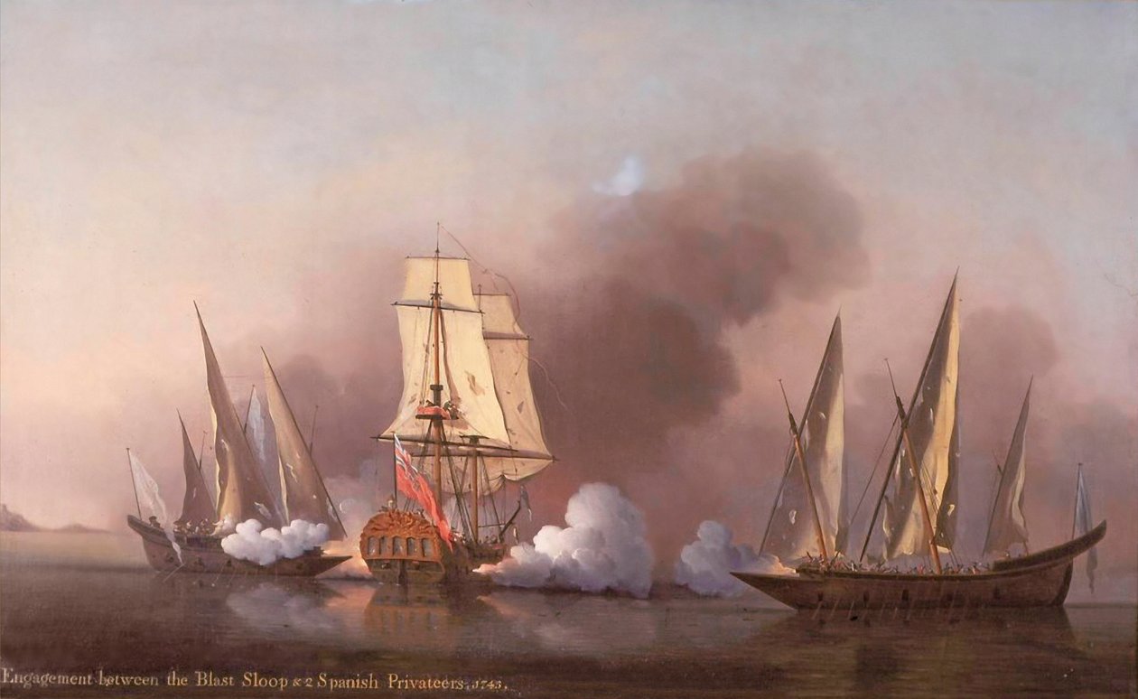 A Blast Sloop és két spanyol közlegény eljegyzése, 1745 alkotó: Samuel Scott