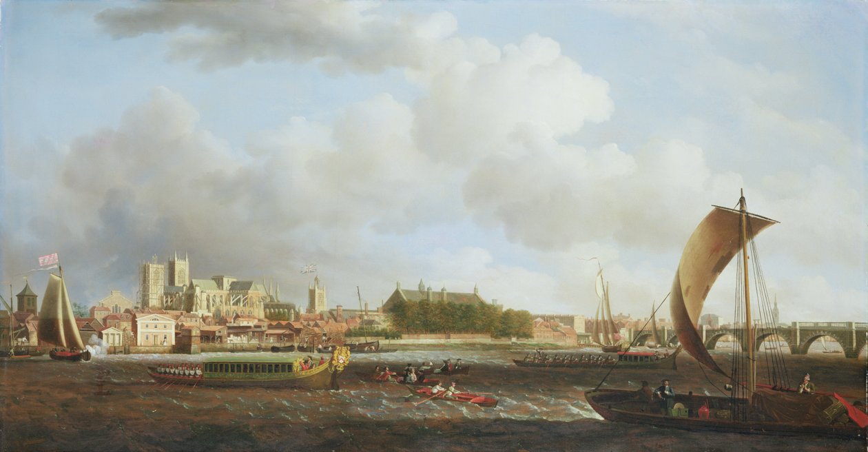 Westminster Lambethből, a Vaskereskedők Társasága ünnepi bárkájával, 1745 körül alkotó: Samuel Scott