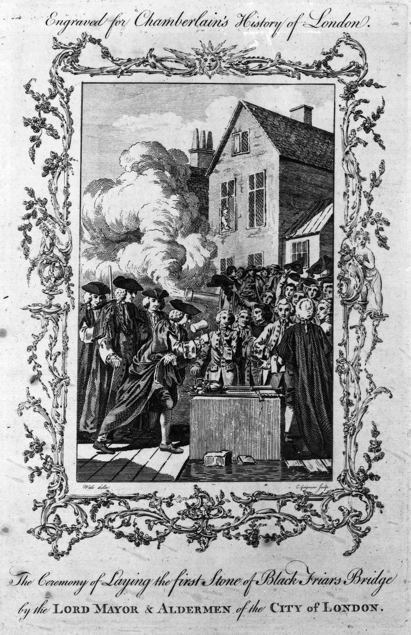 A Blackfriars híd első kövének letételének ceremóniája a londoni főpolgármester és a City Aldermenje által, Charles Grignion metszete, 1760 alkotó: Samuel Wale