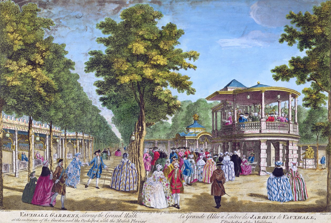 Kilátás a Grand Walk-re a Vauxhall Pleasure Gardens bejáratánál, a zenekar játékával, Muller metszetével alkotó: Samuel Wale