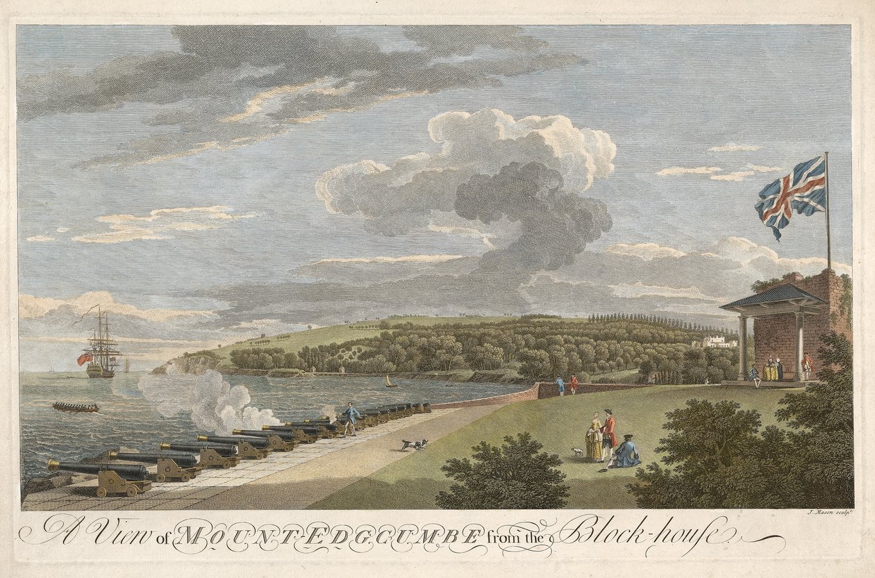 Kilátás az Edgcumbe-hegyre a Block House-ból, kocsmából. 1755 (kézzel színezett metszet) alkotó: Samuel after and Lambert Scott