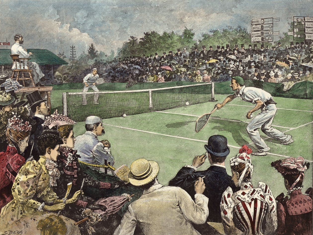 A wimbledoni gyeplabda-bajnokság 1891-ben, W Baddeley és J Pim urak versenyeznek a döntőért (színes metszet). alkotó: Samuel (after) Begg