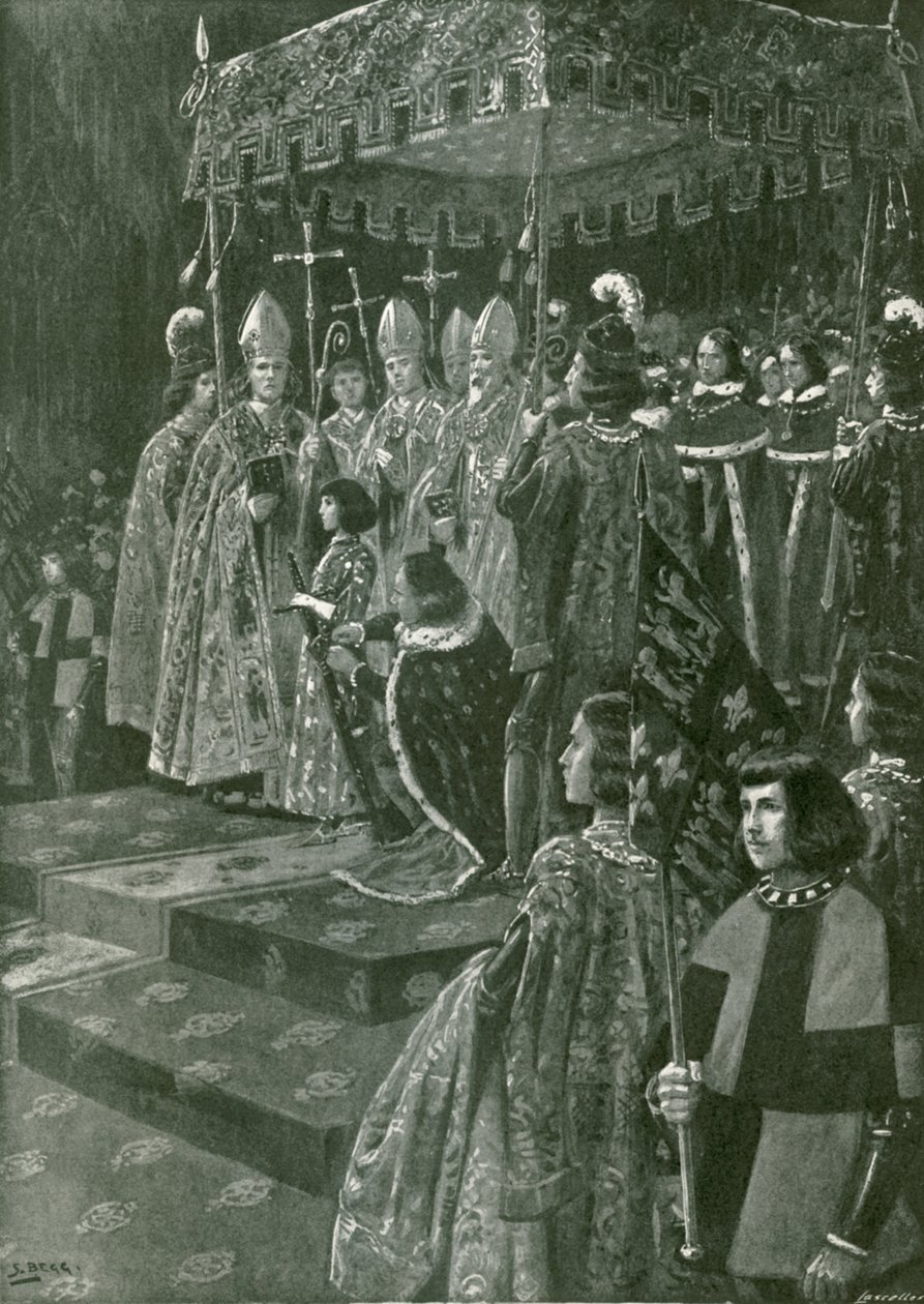 A sarkantyú és a kard átadása VI. Henrik koronázásakor (litográfia) alkotó: Samuel (after) Begg