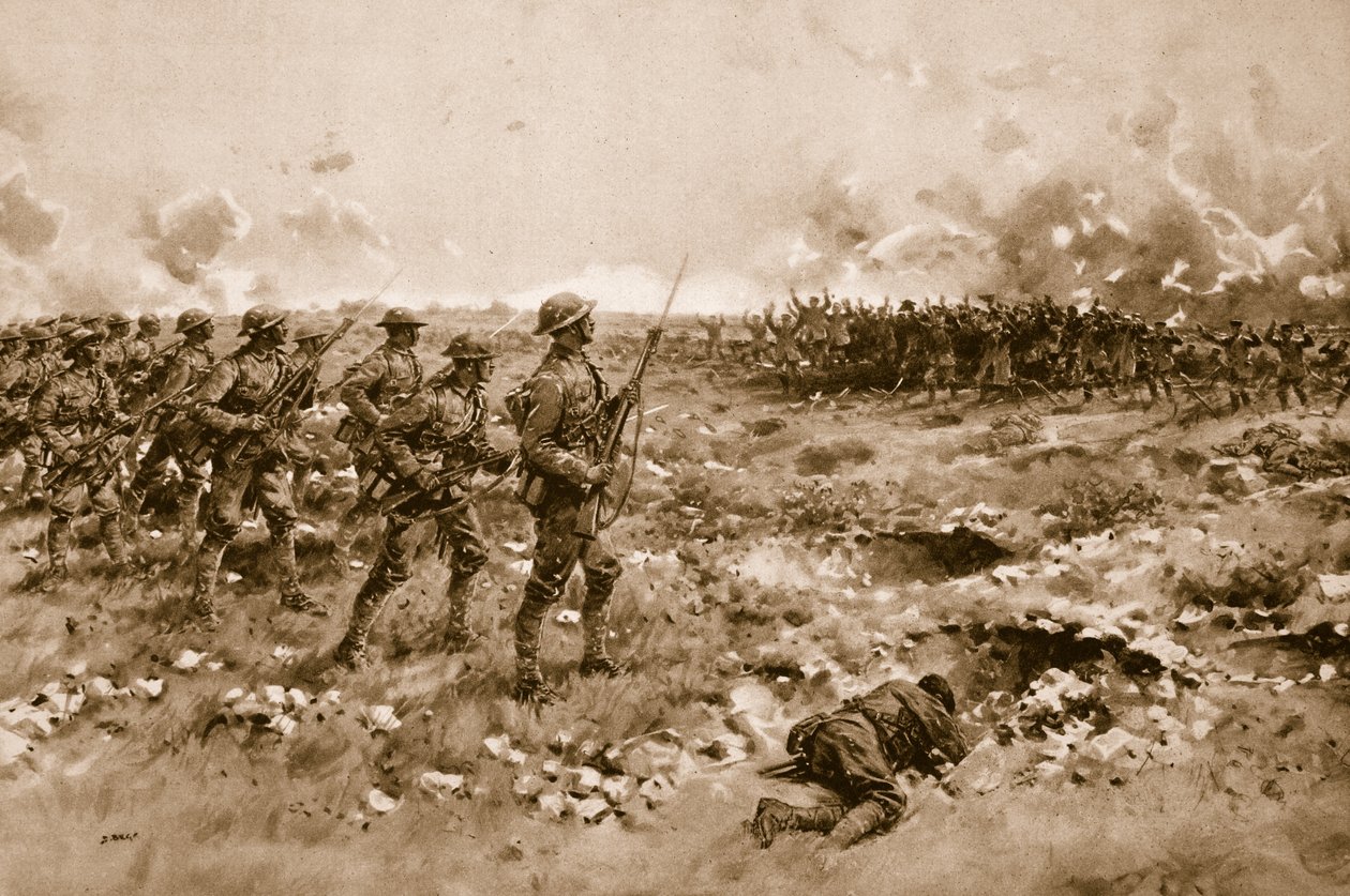 Utolsó reményük: a demoralizált német katonák kegyelmet kérnek az előrenyomuló brit csapatoktól (litho) alkotó: Samuel (after) Begg