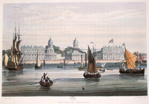 Greenwich Kórház, metszett R.G. Reeve (fl.1811-37) 1828 (színes metszet) alkotó: Samuel (after) Owen
