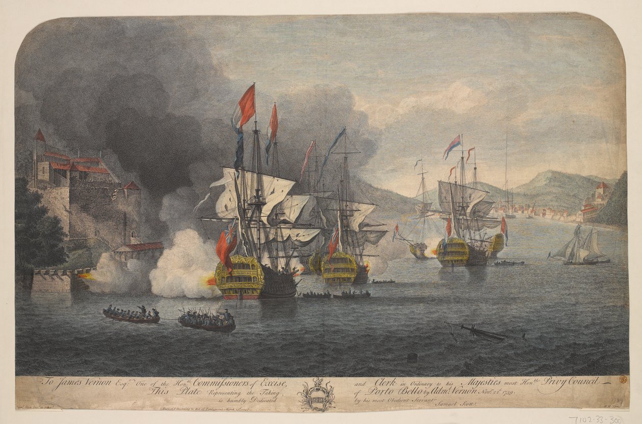 Porto Bello elfoglalása az Adml: Vernon Novr: 22d. 1739 (vonalmetszet, színes) alkotó: Samuel (after) Scott