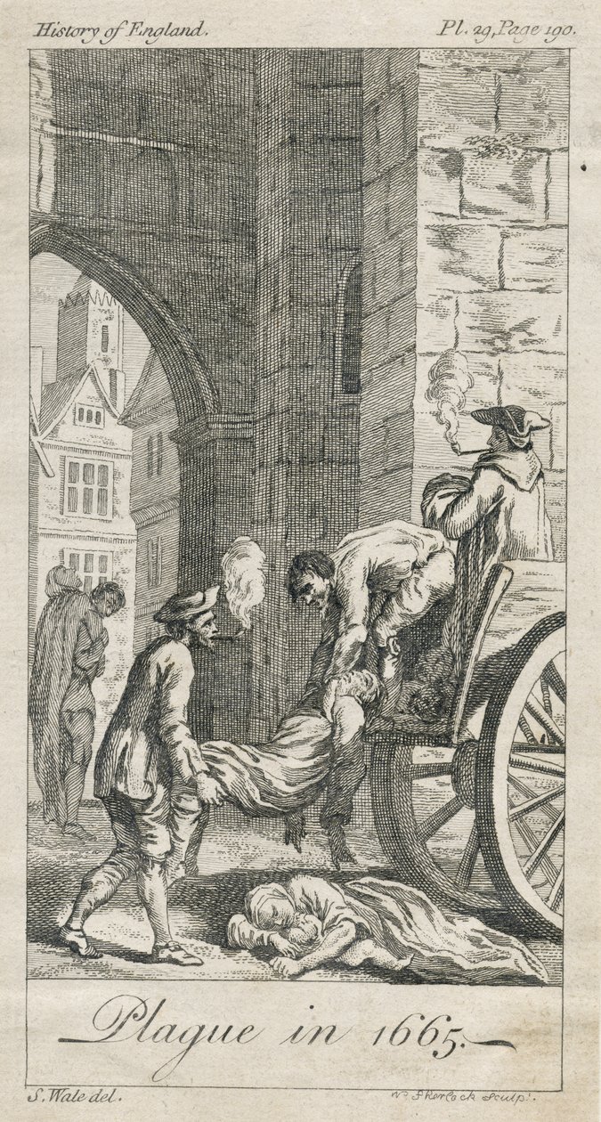 Pestis áldozatok gyűjtése, Holywell Lane, Shoreditch, London, Egyesült Királyság (metszet) alkotó: Samuel (after) Wale