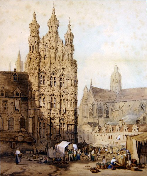 A városháza és a katedrális Leuvenben, Belgiumban, 1840 körül (akvarell papíron) alkotó: Samuel (circle of) Prout