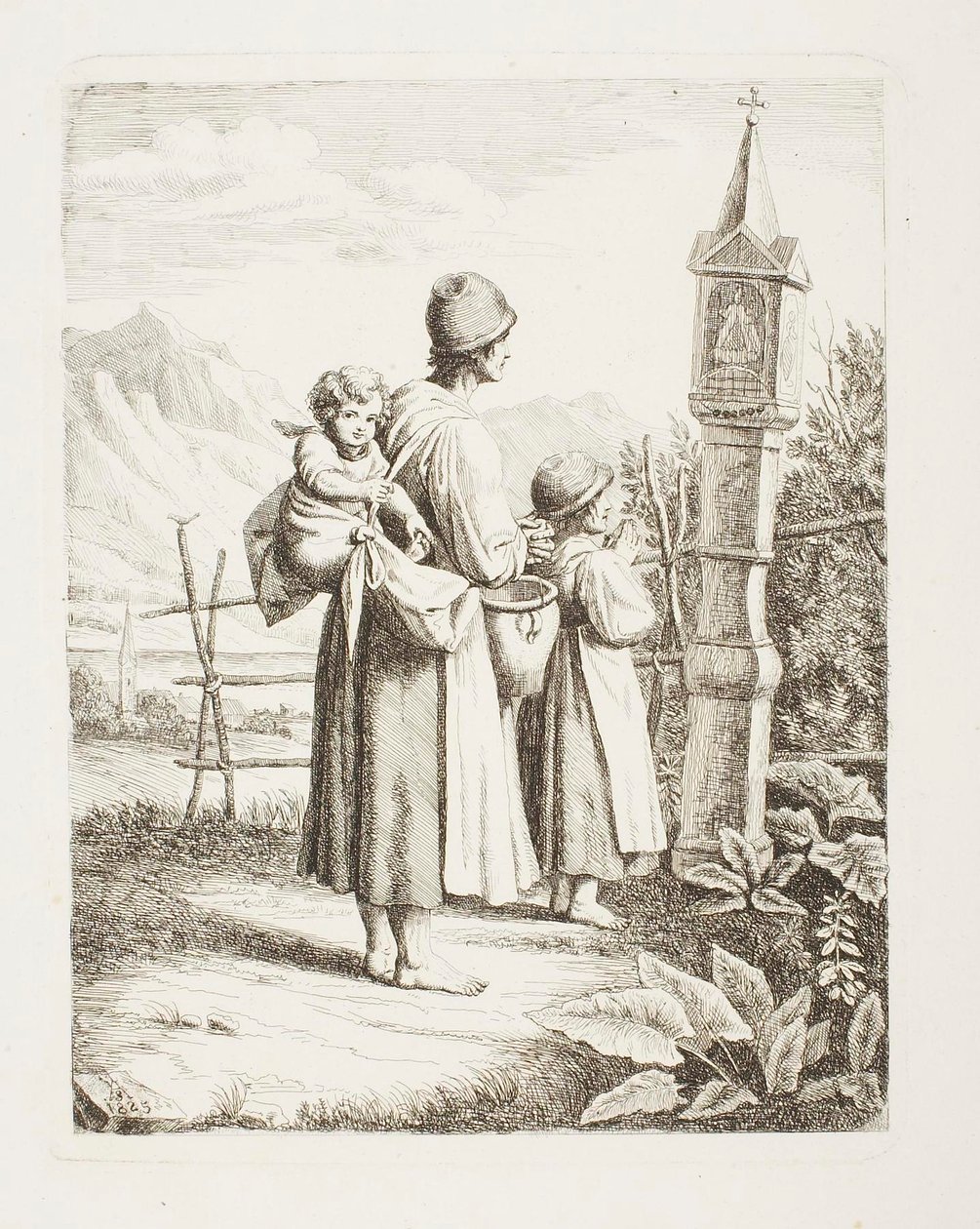 Koldusasszony két gyermekkel egy Madonna-kép előtt, Tirol felé menet alkotó: Samuel Amsler