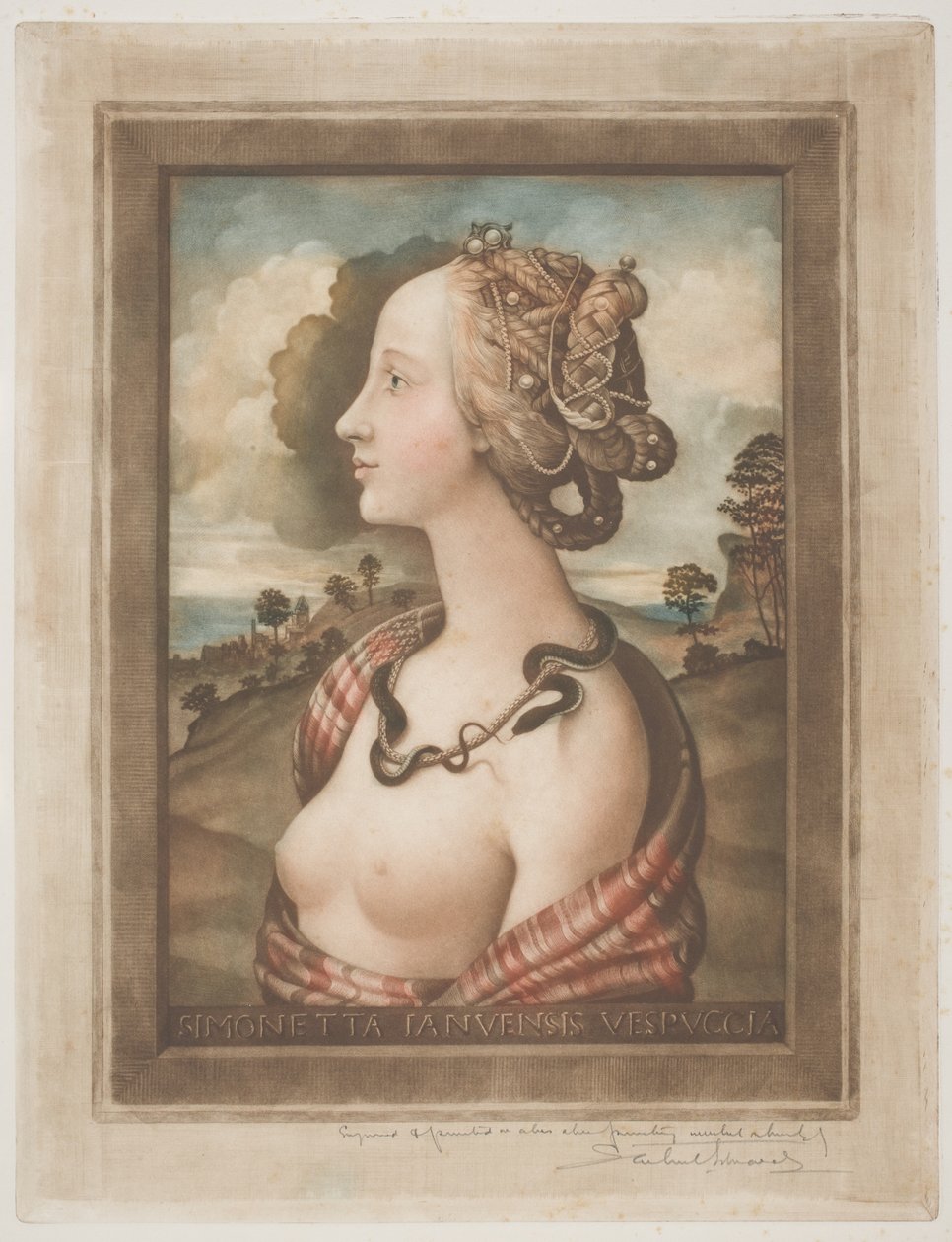 Simonetta Vespucci, 1900 körül (színes mezzotint krémszínű szőtt papíron) alkotó: Samuel Arlent Edwards