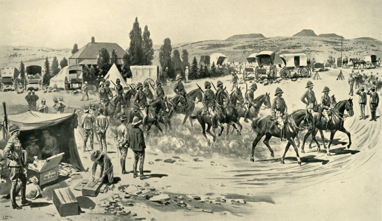 Lord Roberts és a személyzet felderítésre indul a Smaldeel-i főhadiszállásról, 1901. alkotó: Samuel Begg